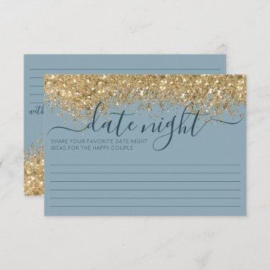 Gold Dusty Blue Glitter Confetti Couple Date Night Advice Card