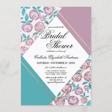 Gold Dusty Pink Flowers Watercolor Bridal Shower Invitations