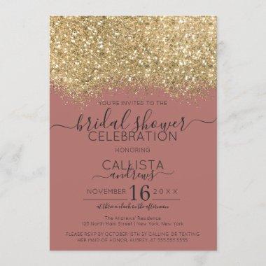 Gold Dusty Rose Glitter Confetti Bridal Shower Invitations