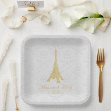 Gold Eiffel Tower Damask Wedding Shower Paper Plates