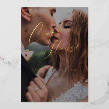 Gold elegant modern script photo couples shower foil Invitations