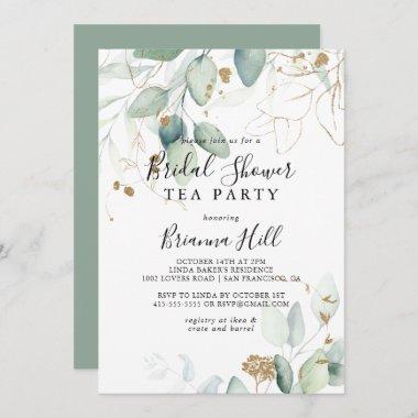 Gold Eucalyptus Bridal Shower Tea Party Invitations