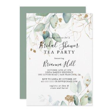 Gold Eucalyptus Bridal Shower Tea Party Invitations