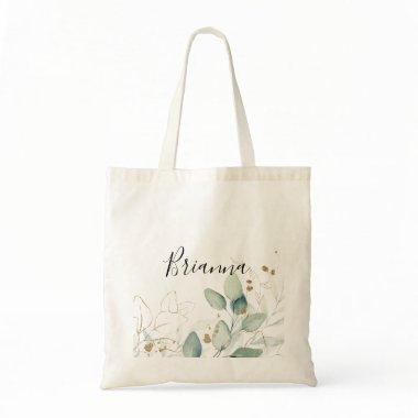 Gold Eucalyptus Calligraphy Bridesmaid Tote Bag