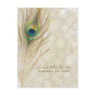 Gold Exotic Peacock Feather Glam Save the Date Announcement Post