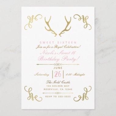 Gold Faux Foil Rustic Deer Antlers Sweet 16 Party Invitations