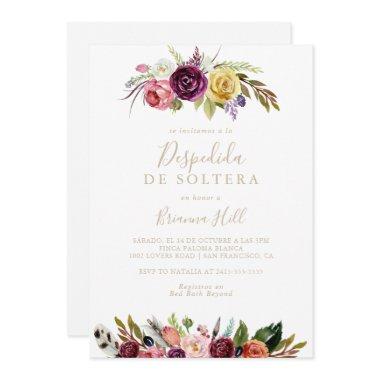 Gold Feather Boho Floral Spanish Bridal Shower  Invitations