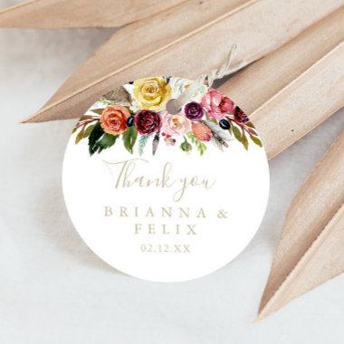 Gold Feather Boho Floral Thank You Wedding Favor  Classic Round Sticker