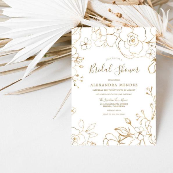 Gold Floral Elegant White Modern Bridal Shower Invitations