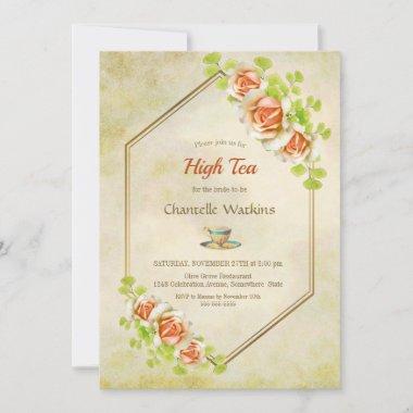 Gold Floral Geometric High Tea Bridal Shower Invitations