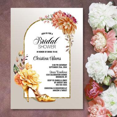 Gold Floral High Heel Arch Bridal Shower Invitations