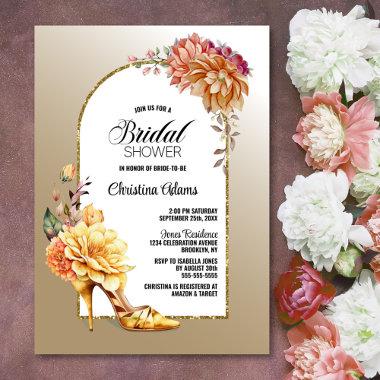 Gold Floral High Heel Arch Gold Bridal Shower Invitations