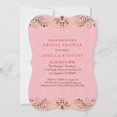 Gold Floral Lace Pink Damasks Bridal Shower Invite