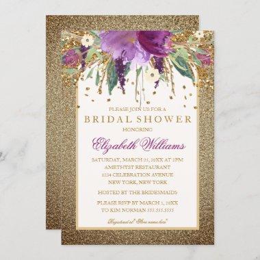 Gold Floral Sparkling Amethyst Bridal Shower Invitations