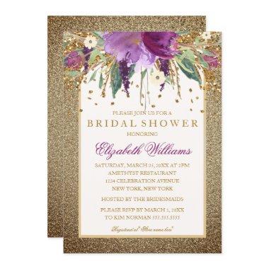 Gold Floral Sparkling Amethyst Bridal Shower Invitations