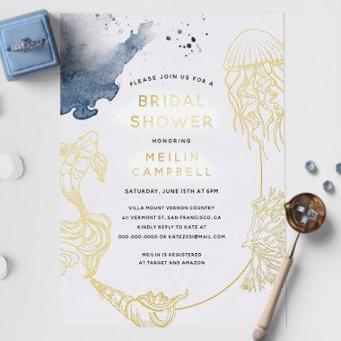 Gold Foil Beach Ocean Coastal Blue Bridal Shower Foil Invitations