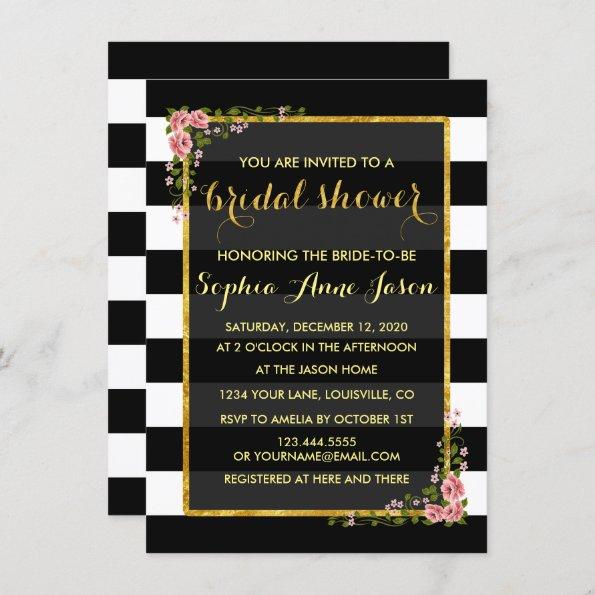 Gold Foil Black Stripes Bridal Shower Invite