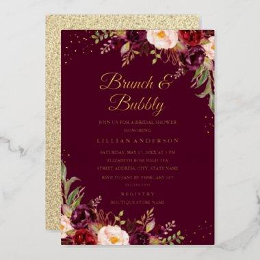 GOLD FOIL Burgundy Floral Brunch And Bubbly Foil Invitations