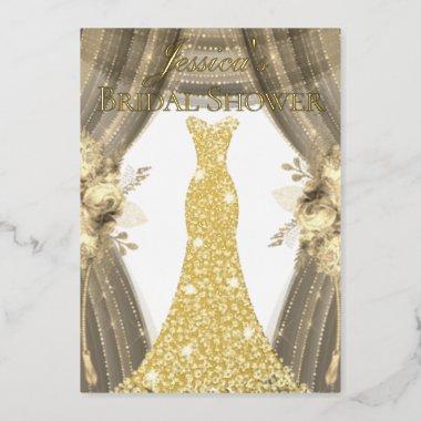 Gold Foil Dress Golden Floral Bridal Shower Foil Invitations