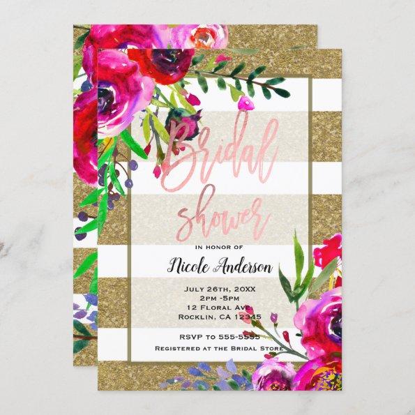 Gold Foil Glitter Stripe Bold Floral Bridal Shower Invitations