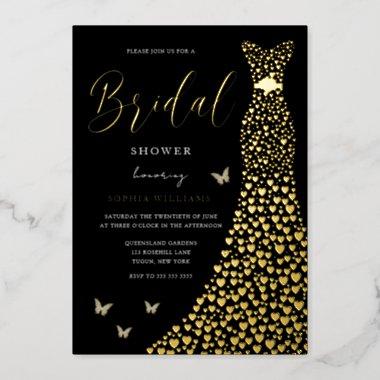Gold Foil Heart Gown with Black Bridal Shower Foil Invitations