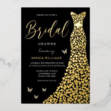 Gold Foil Heart Gown with Black Bridal Shower Foil Invitations