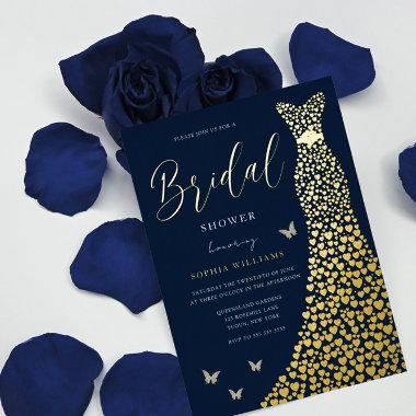 Gold Foil Heart Gown with Navy Bridal Shower Foil Invitations