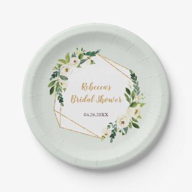 Gold Foil Look Geometric Frame and Flowers Party Paper Plates