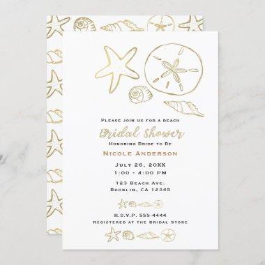 Gold Foil Look Sea Shells Chic Beach Bridal Shower Invitations