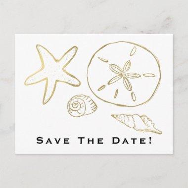 Gold Foil Look Sea Shells Chic Beach Save the Date PostInvitations