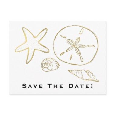 Gold Foil Look Sea Shells Chic Beach Save the Date PostInvitations