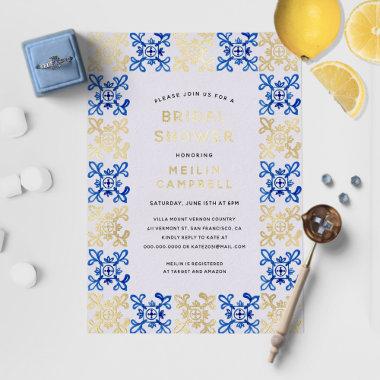 Gold Foil Mediterranean Blue Tile Bridal Shower Foil Invitations