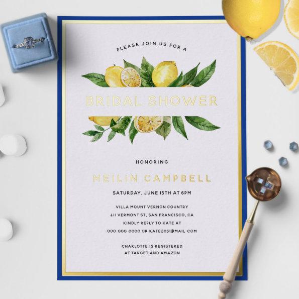 Gold Foil Mediterranean Tile Lemon Bridal Shower Foil Invitations