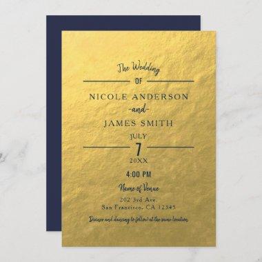 Gold Foil Navy Blue Minimal Clean Classic Wedding Invitations