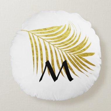 Gold Foil Palm Leaf Tropical Monogrammed Initials Round Pillow