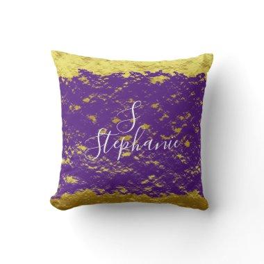 Gold Foil Purple Glittery Sparkle Monogram Initial Throw Pillow