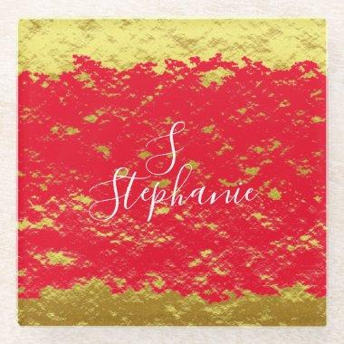 Gold Foil Red Glittery Sparkles Monogram Initials Glass Coaster