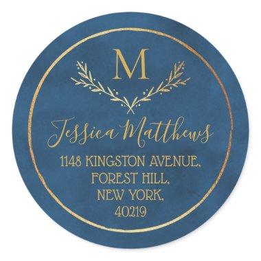 Gold Foil Wreath Custom Monogram Return Address Classic Round Sticker