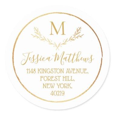 Gold Foil Wreath Custom Monogram Return Address Classic Round Sticker