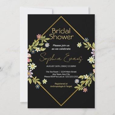Gold Geometric Black Floral Bridal Shower Invitations