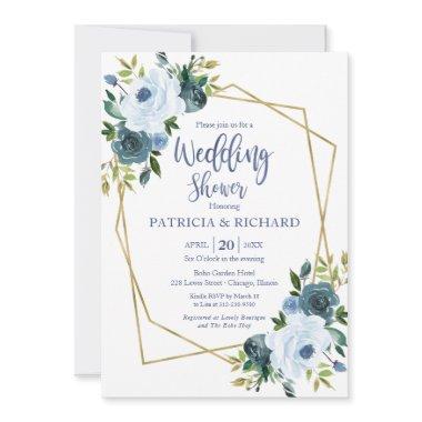 Gold Geometric Dusty Blue Floral Wedding Shower Invitations