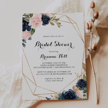 Gold Geometric Elegant Winter Floral Bridal Shower Invitations