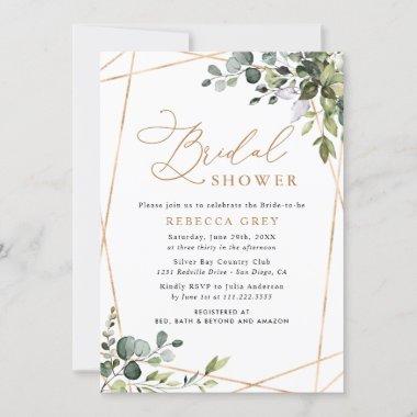 Gold Geometric Eucalyptus Greenery Bridal Shower Invitations