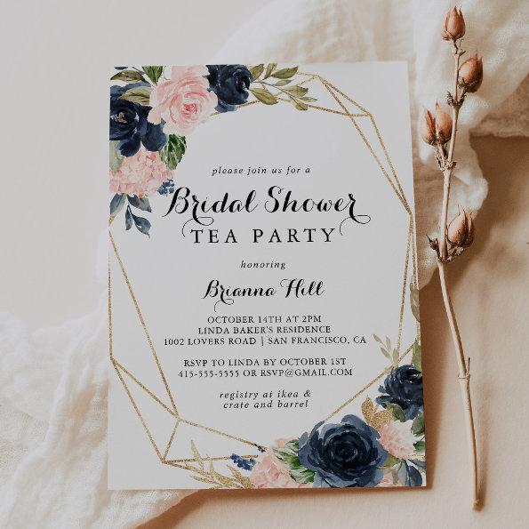 Gold Geometric Floral Bridal Shower Tea Party Invitations