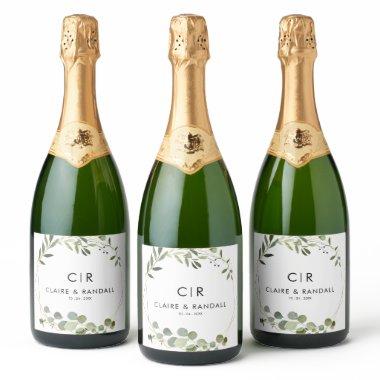 Gold Geometric Green Eucalyptus Wedding Sparkling Wine Label