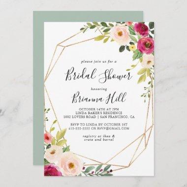 Gold Geometric Greenery Pink Blush Bridal Shower Invitations