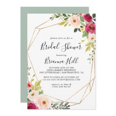 Gold Geometric Greenery Pink Blush Bridal Shower Invitations