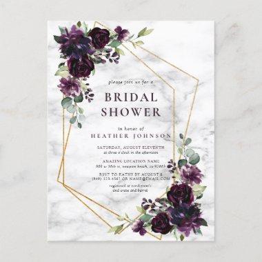 Gold Geometric Plum Purple Floral Bridal Shower Announcement PostInvitations