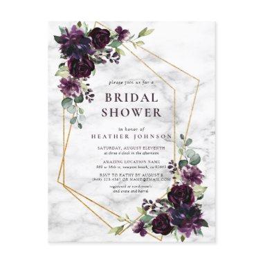 Gold Geometric Plum Purple Floral Bridal Shower Announcement PostInvitations