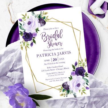Gold Geometric Purple Floral Bridal Shower Invitations